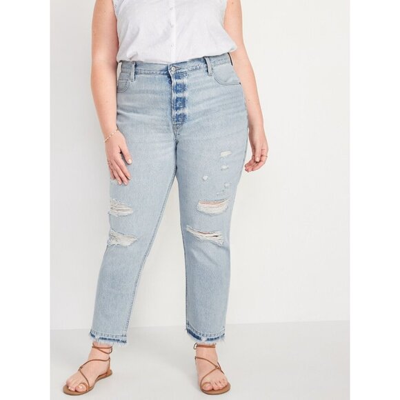 Old Navy Jeans Slouchy Straight Distressed High Rise Button Fly - Picture 1 of 9